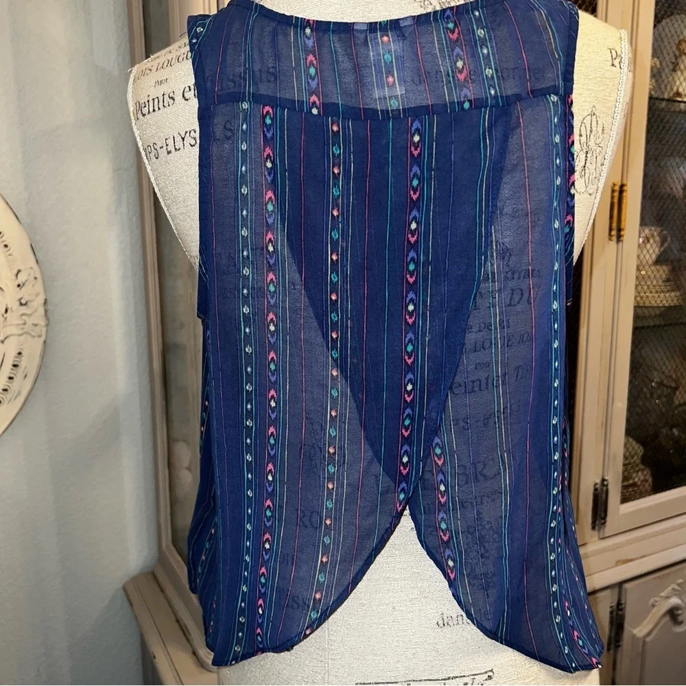 Boho Sheer Blue Patterned Sleeveless Top Forever 21 large - Picture 2 of 7